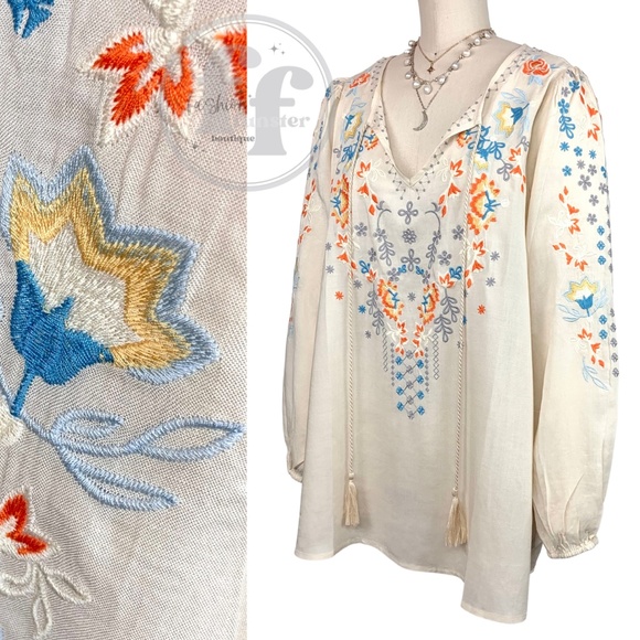 Andree By Unit Embroidered Boho Floral Peasant Flowers Tunic Shirt Blouse Top - Picture 4 of 10